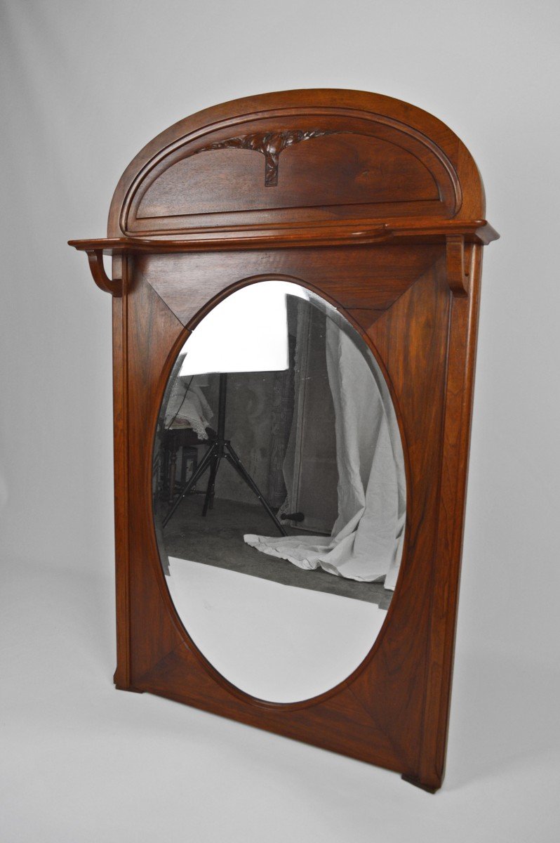 Art Nouveau Carved Walnut Fireplace Mirror/trumeau, Circa 1910-photo-3