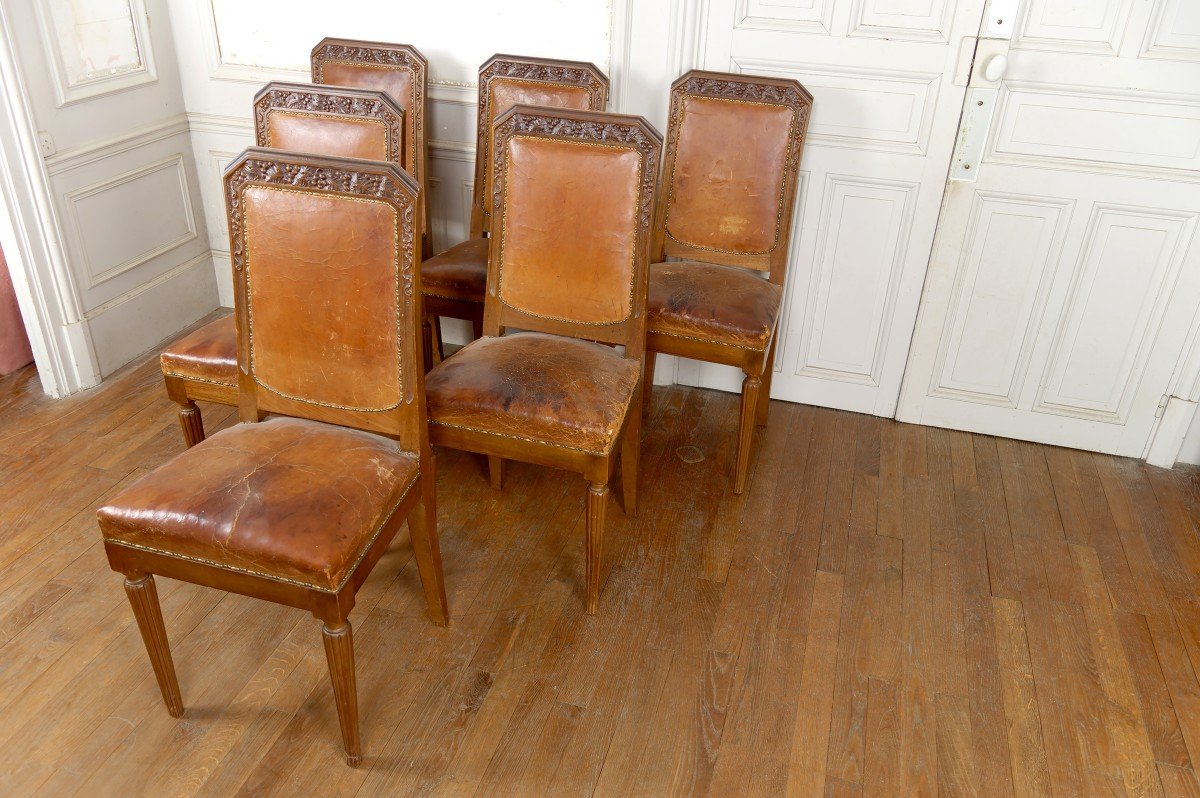 Set Of 6 Art Deco Carved Walnut Chairs, Attributed To Gauthier-poinsignon, Circa 1920-photo-2