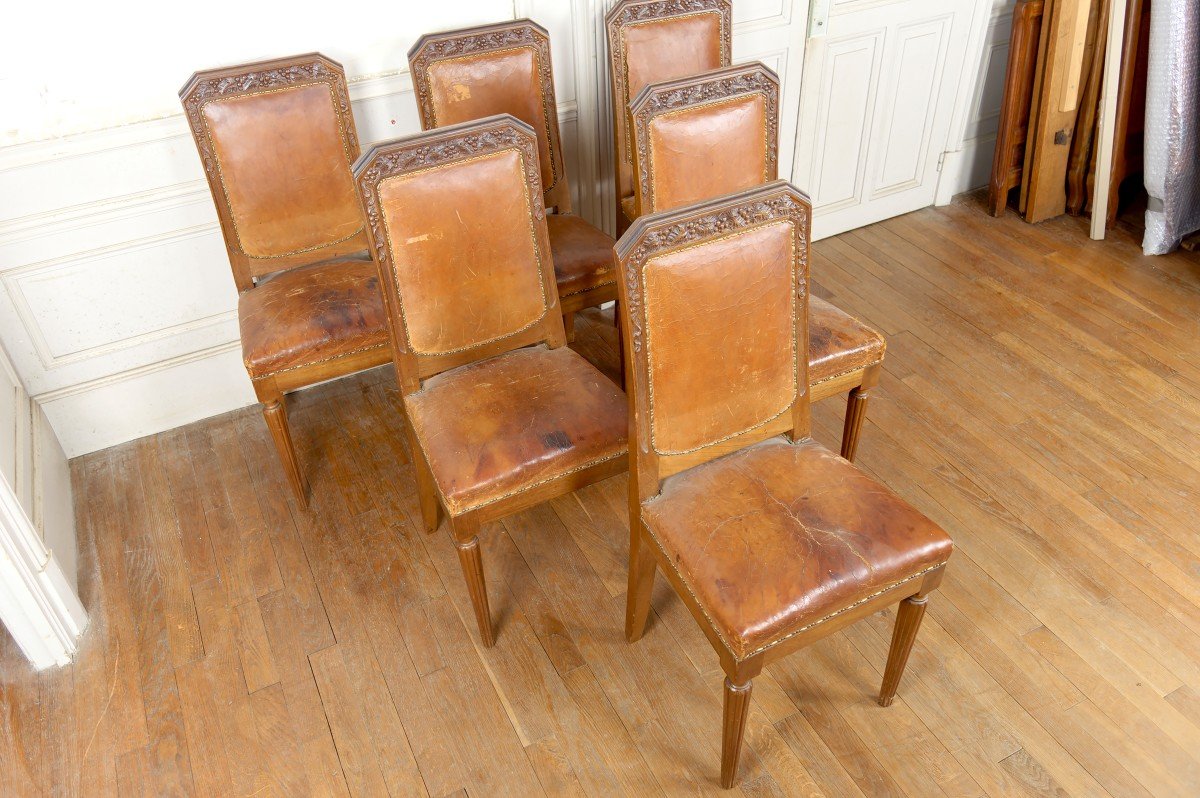 Set Of 6 Art Deco Carved Walnut Chairs, Attributed To Gauthier-poinsignon, Circa 1920-photo-3