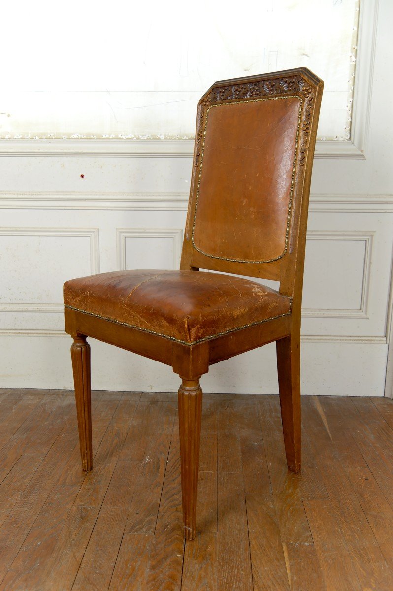 Set Of 6 Art Deco Carved Walnut Chairs, Attributed To Gauthier-poinsignon, Circa 1920-photo-3