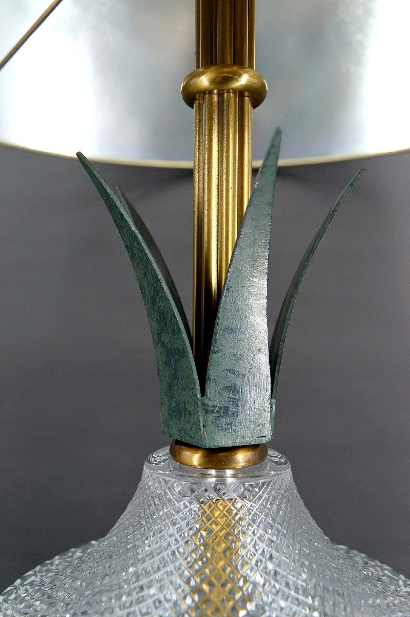 Lampe Ananas En Cristal Et Métal Patiné, France, 1950-photo-3