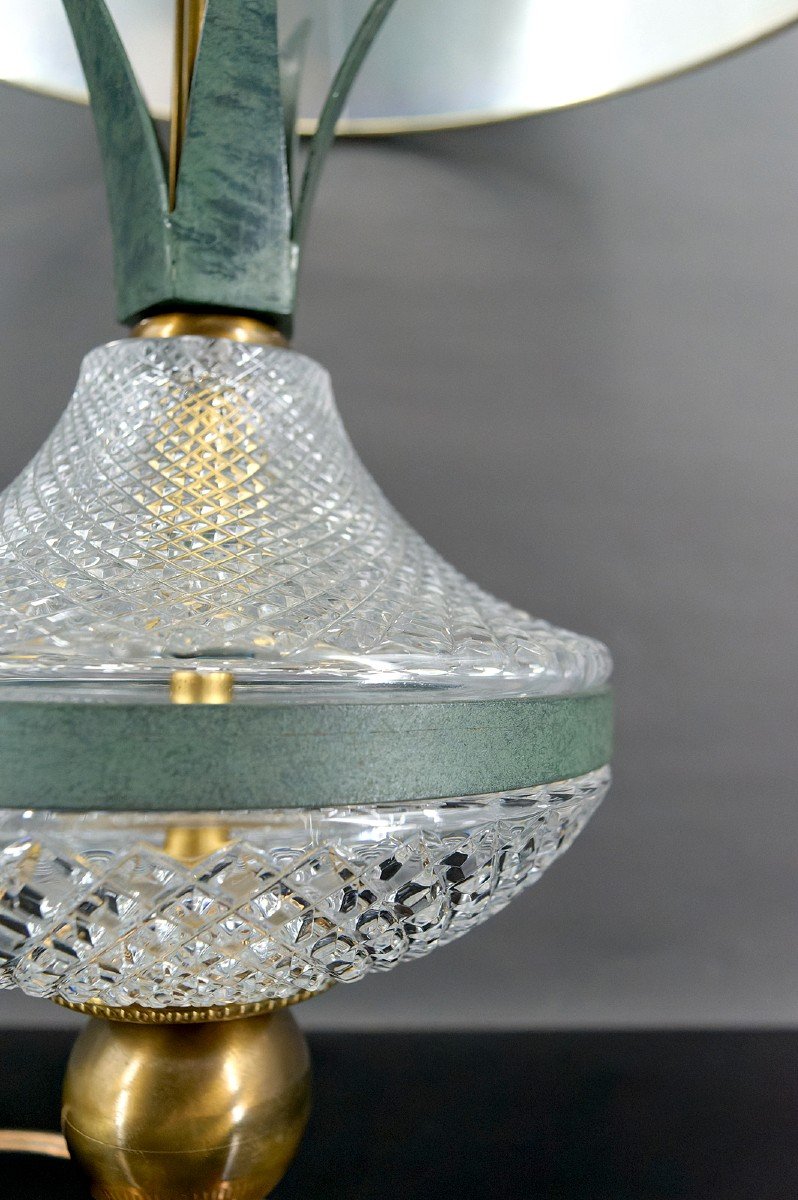 Lampe Ananas En Cristal Et Métal Patiné, France, 1950-photo-4