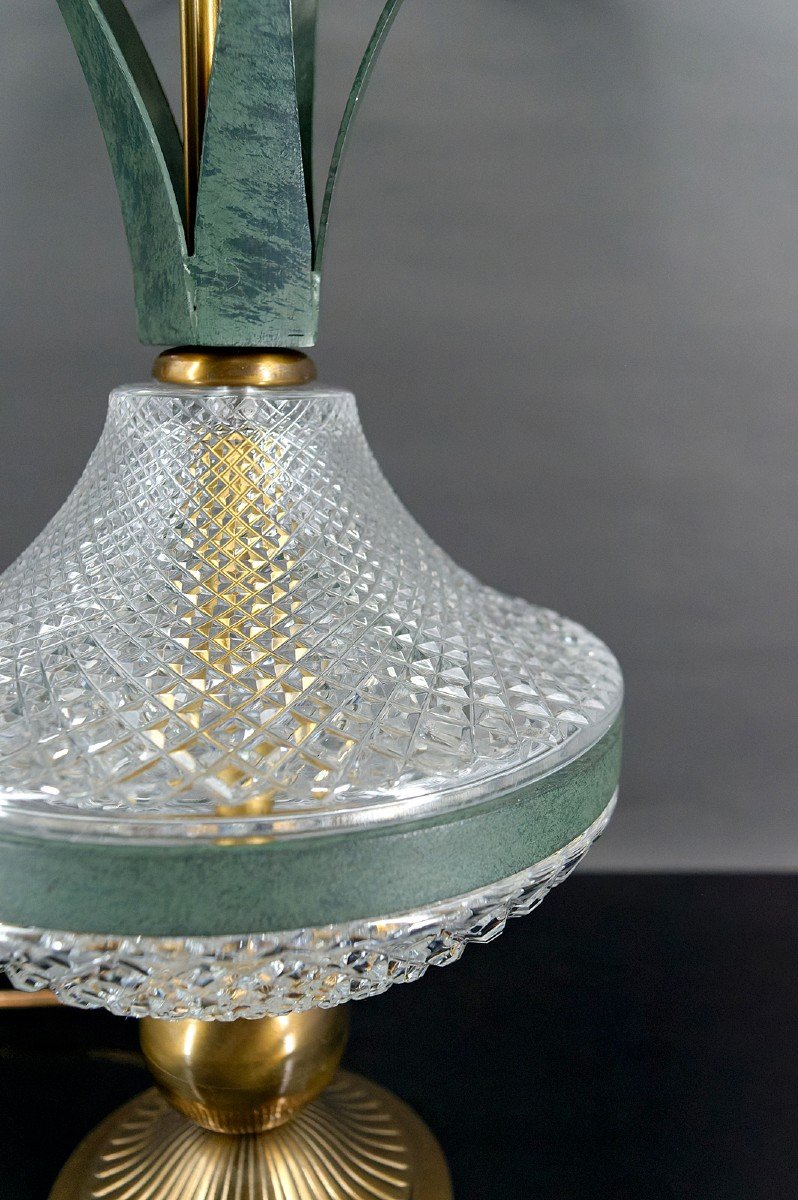 Lampe Ananas En Cristal Et Métal Patiné, France, 1950-photo-2