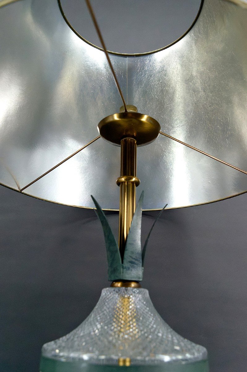 Lampe Ananas En Cristal Et Métal Patiné, France, 1950-photo-3