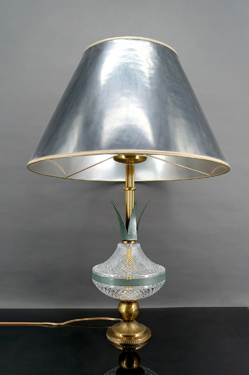 Lampe Ananas En Cristal Et Métal Patiné, France, 1950