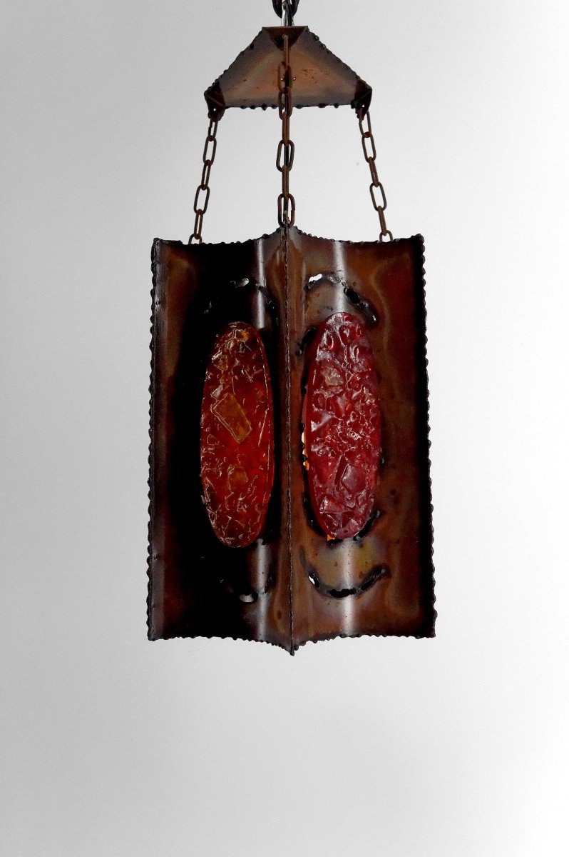 Suspension / Chandelier, Potiers d'Accolay, Patinated Copper/multicolored Resin Medallions, 1970-photo-2