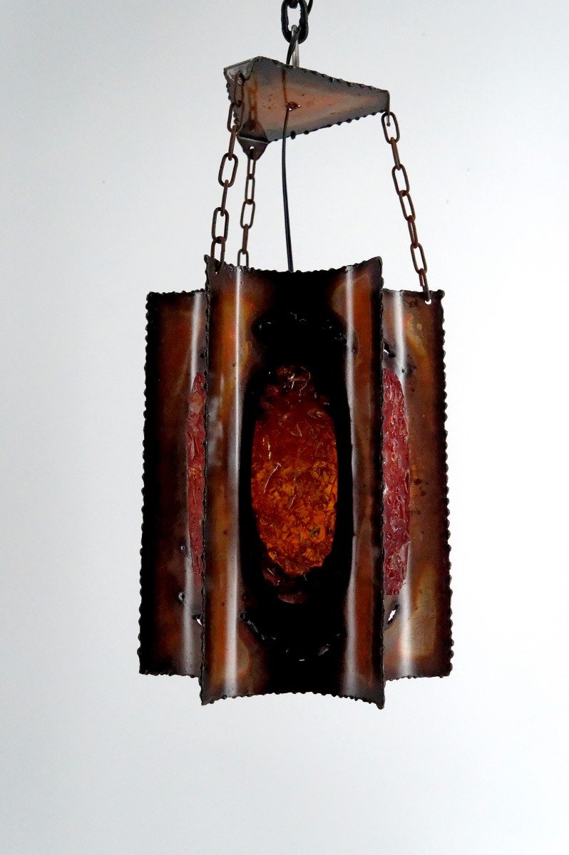 Suspension / Chandelier, Potiers d'Accolay, Patinated Copper/multicolored Resin Medallions, 1970-photo-2