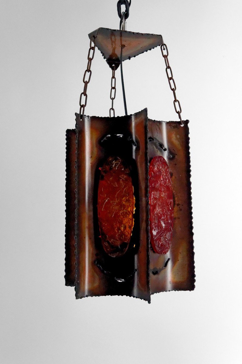 Suspension / Chandelier, Potiers d'Accolay, Patinated Copper/multicolored Resin Medallions, 1970-photo-3