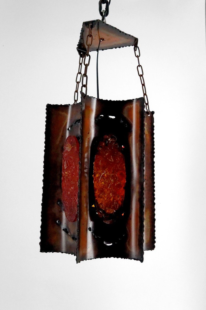 Suspension / Chandelier, Potiers d'Accolay, Patinated Copper/multicolored Resin Medallions, 1970-photo-4