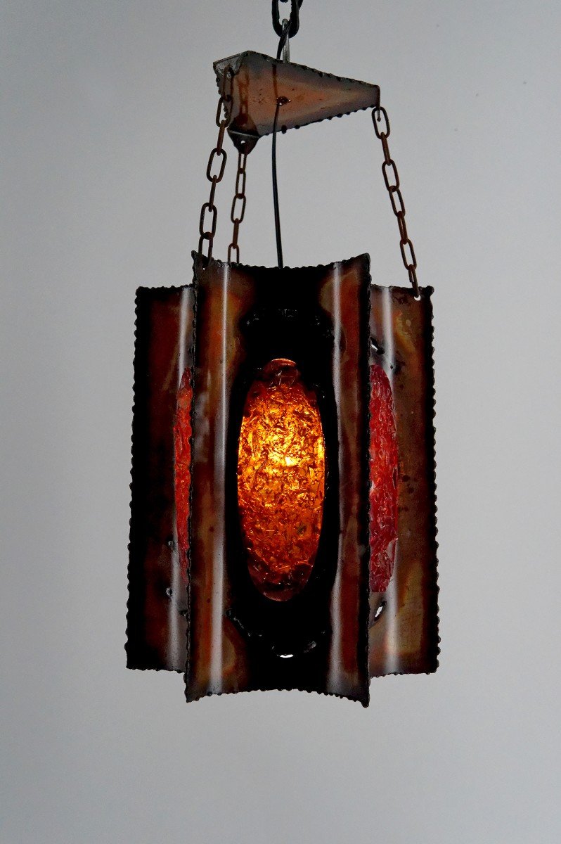 Suspension / Chandelier, Potiers d'Accolay, Patinated Copper/multicolored Resin Medallions, 1970-photo-8