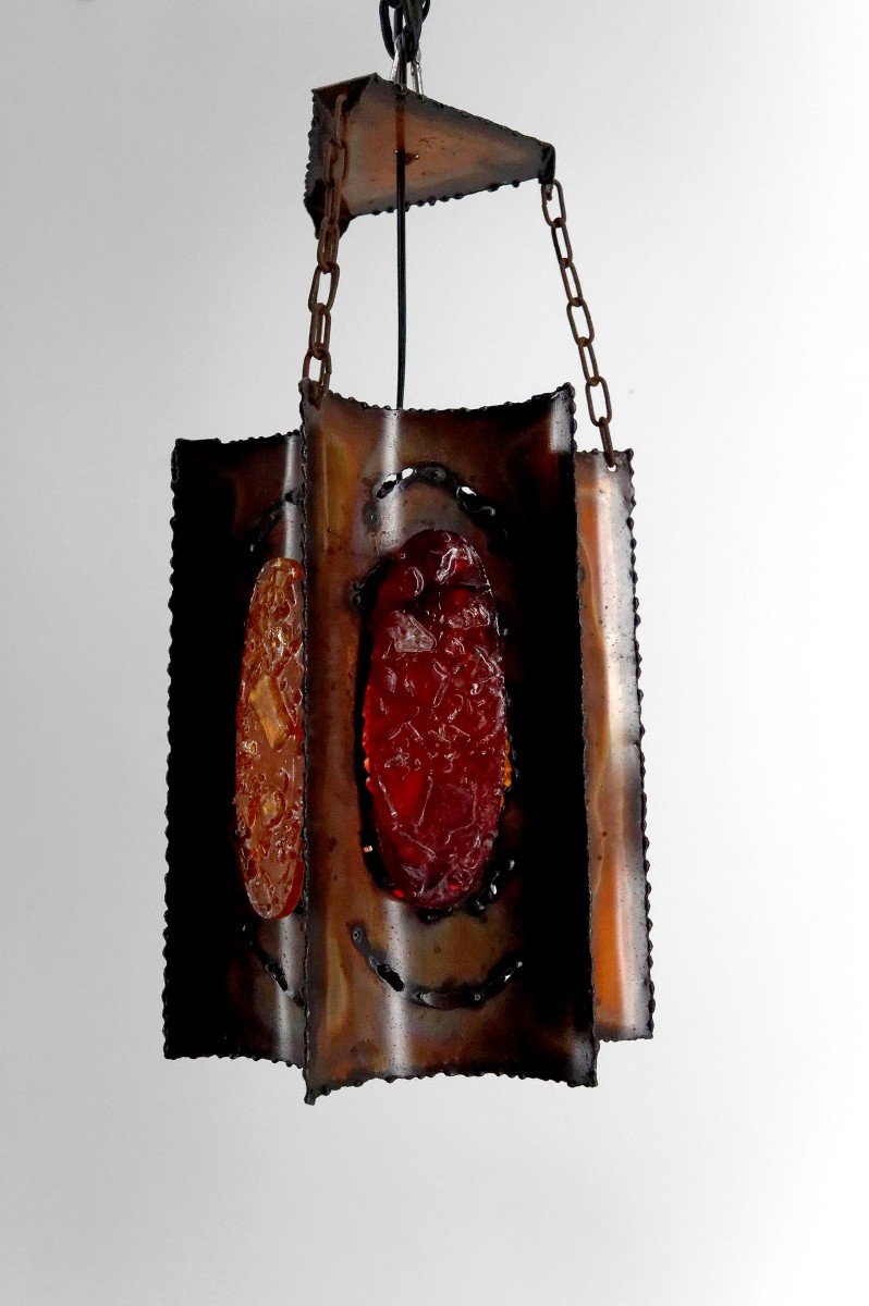 Suspension / Chandelier, Potiers d'Accolay, Patinated Copper/multicolored Resin Medallions, 1970