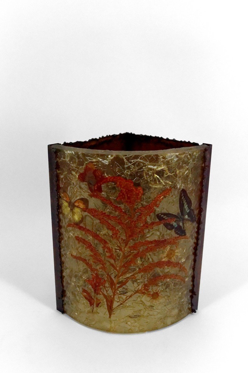 Corner Wall Lamp By The Potters Of Accolay In Patinated Copper And Fractal Resin, France, Circa 1970-photo-3