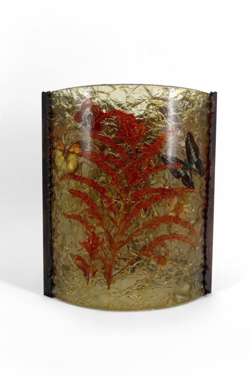 Corner Wall Lamp By The Potters Of Accolay In Patinated Copper And Fractal Resin, France, Circa 1970