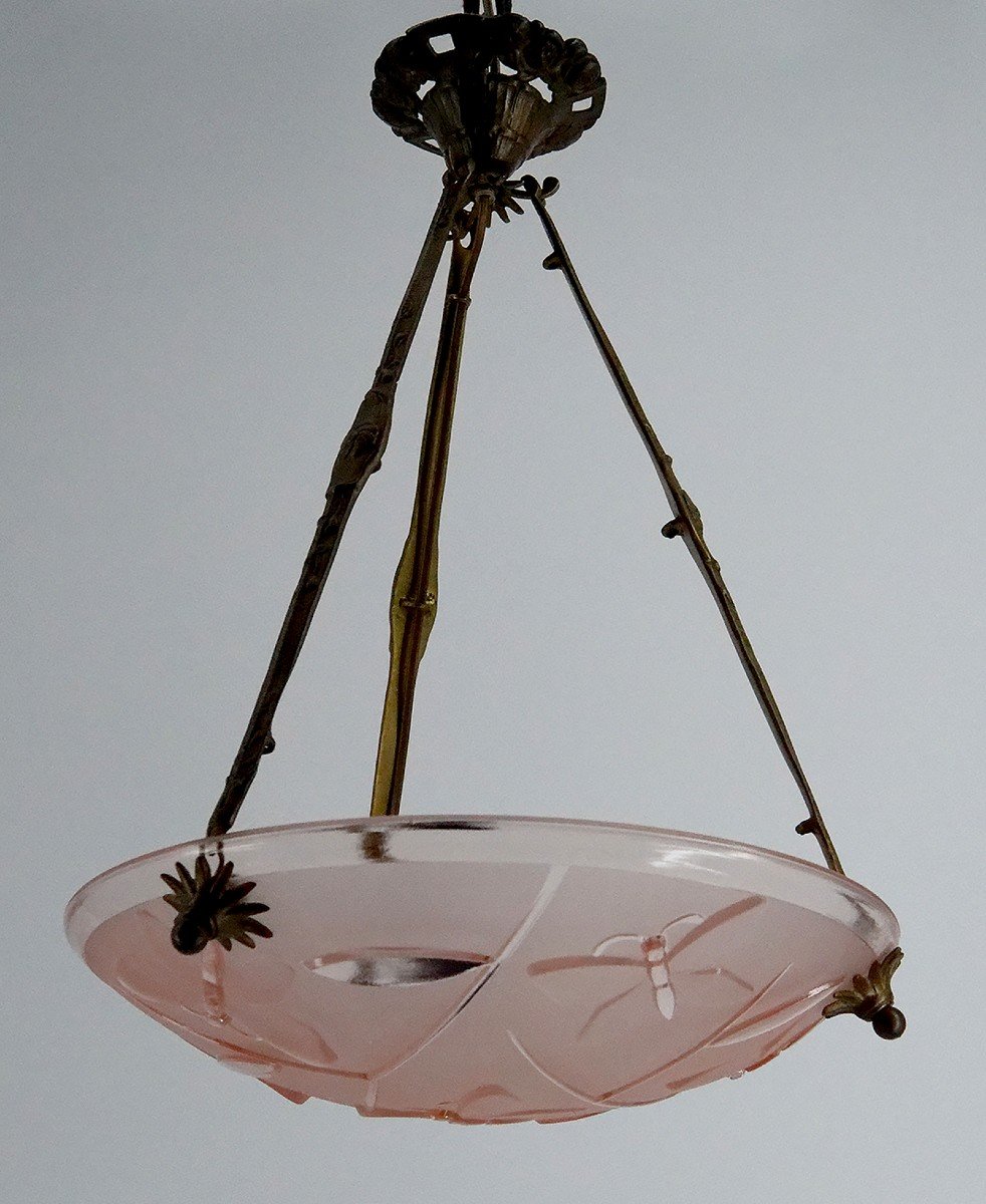 Suspension / Chandelier In Bronze And Bowl In Pressed Molded Glass With Butterfly Decoration, Degué, 1930-photo-2