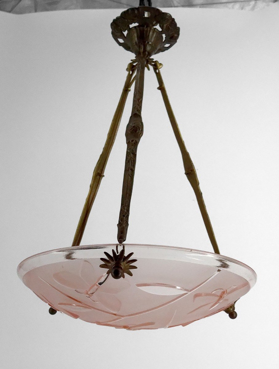 Suspension / Chandelier In Bronze And Bowl In Pressed Molded Glass With Butterfly Decoration, Degué, 1930-photo-3