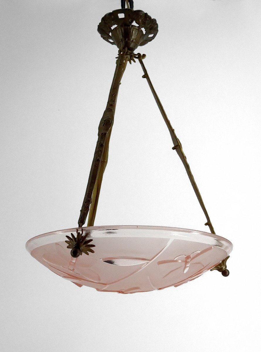 Suspension / Chandelier In Bronze And Bowl In Pressed Molded Glass With Butterfly Decoration, Degué, 1930-photo-4