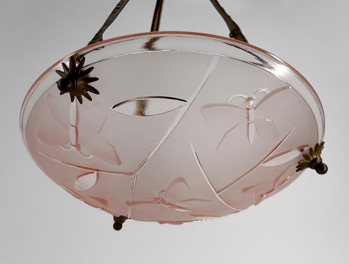 Suspension / Chandelier In Bronze And Bowl In Pressed Molded Glass With Butterfly Decoration, Degué, 1930-photo-2