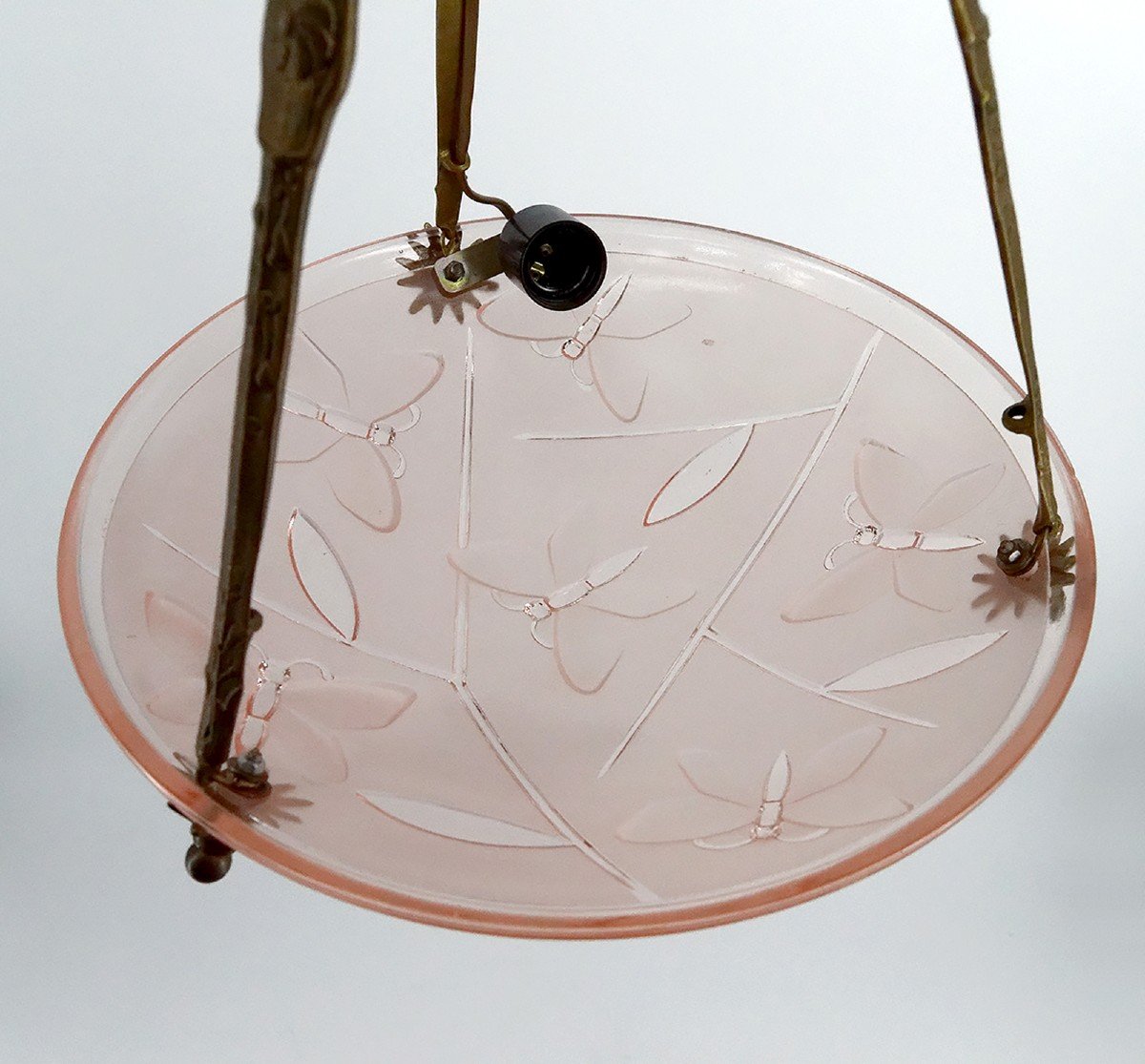 Suspension / Chandelier In Bronze And Bowl In Pressed Molded Glass With Butterfly Decoration, Degué, 1930-photo-4