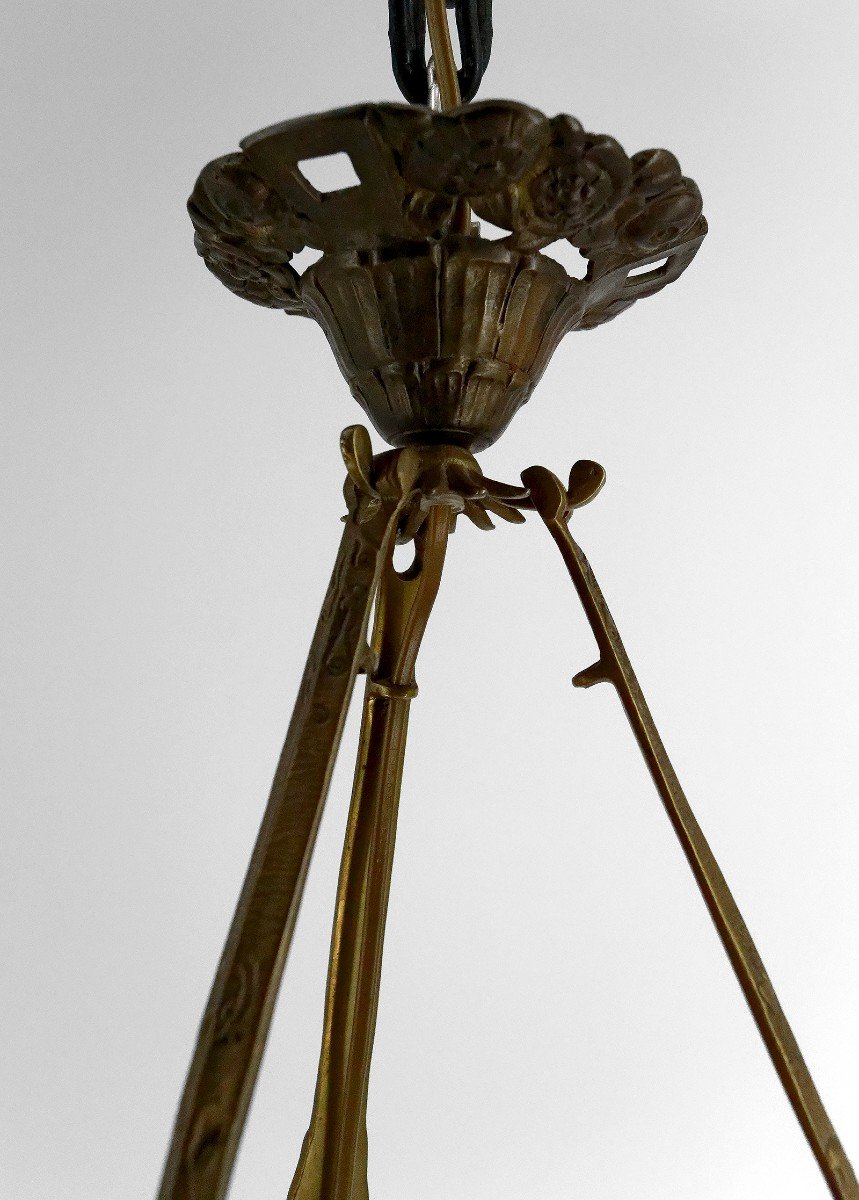 Suspension / Chandelier In Bronze And Bowl In Pressed Molded Glass With Butterfly Decoration, Degué, 1930-photo-6