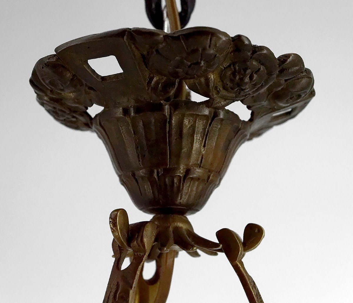 Suspension / Chandelier In Bronze And Bowl In Pressed Molded Glass With Butterfly Decoration, Degué, 1930-photo-7