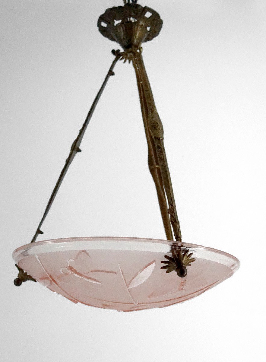 Suspension / Chandelier In Bronze And Bowl In Pressed Molded Glass With Butterfly Decoration, Degué, 1930