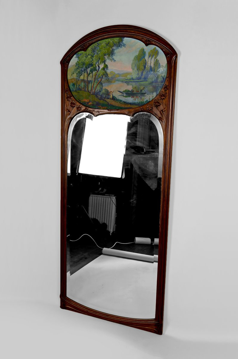 Important Miroir Trumeau En Noyer Sculpté, Art Nouveau, France, Circa 1900-photo-3