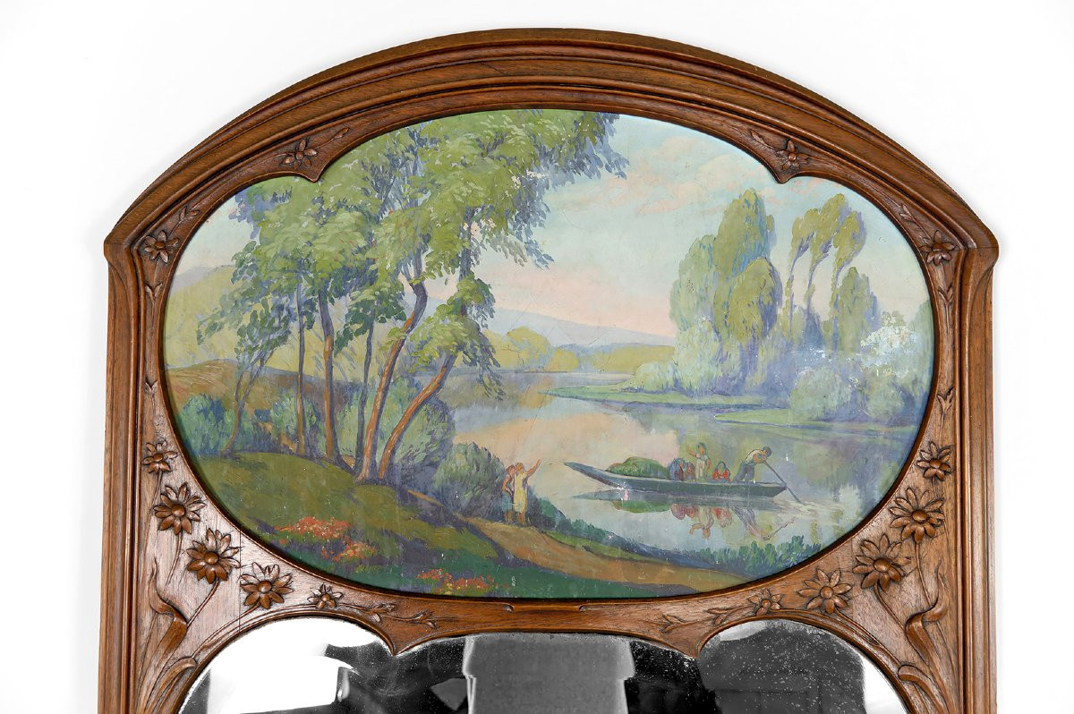 Important Miroir Trumeau En Noyer Sculpté, Art Nouveau, France, Circa 1900-photo-4