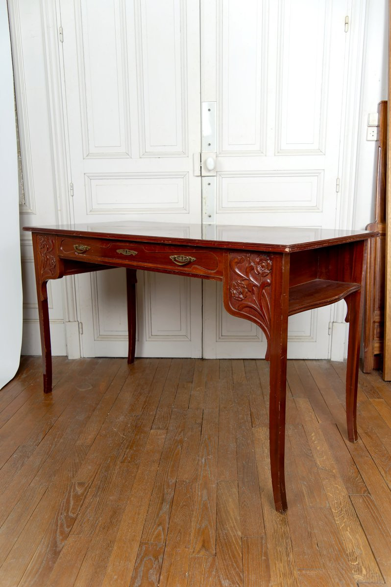 Bureau Art Nouveau / Jugendstil, Acajou Sculpté, Allemagne, Circa 1910-photo-2