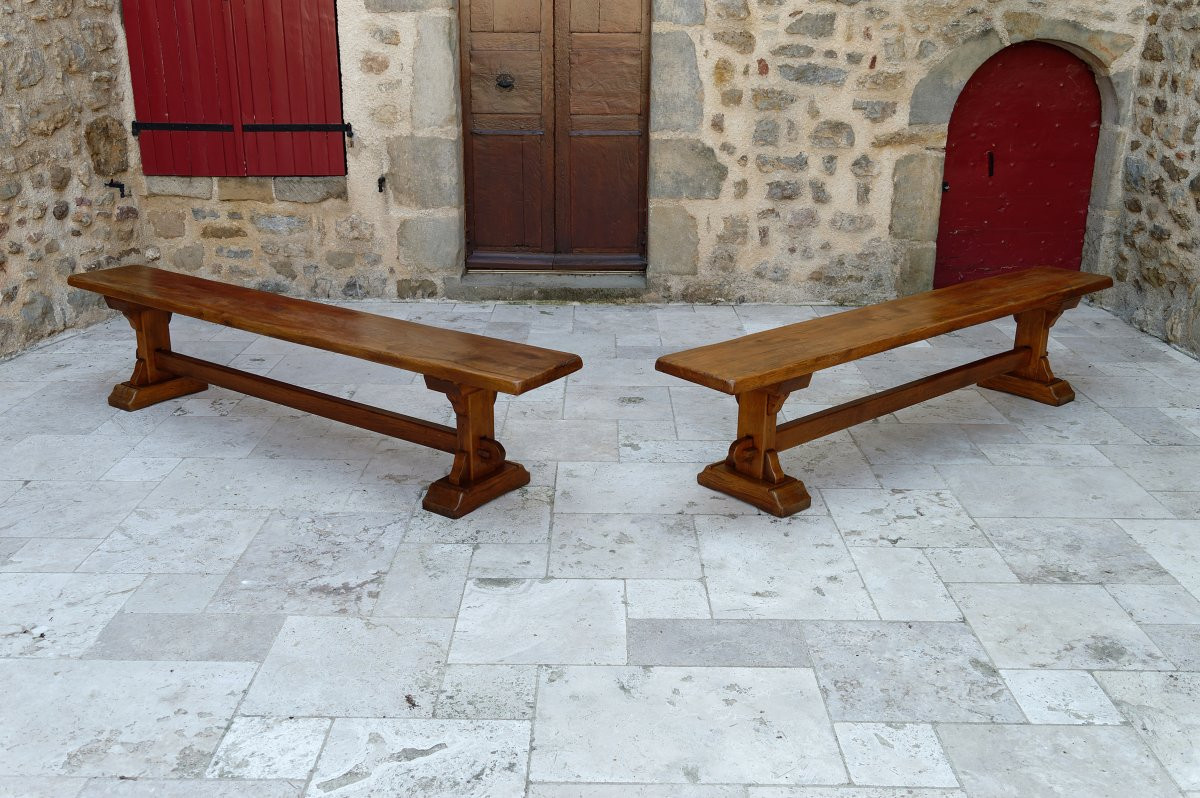 Pair Of Monastic Community Benches In Oak, France, Early 20th Century-photo-2
