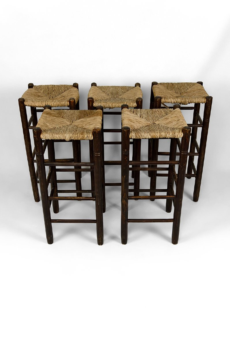Set Of 5 Bar Stools In The Style Of Charlotte Perriand, Mid-century, France-photo-2