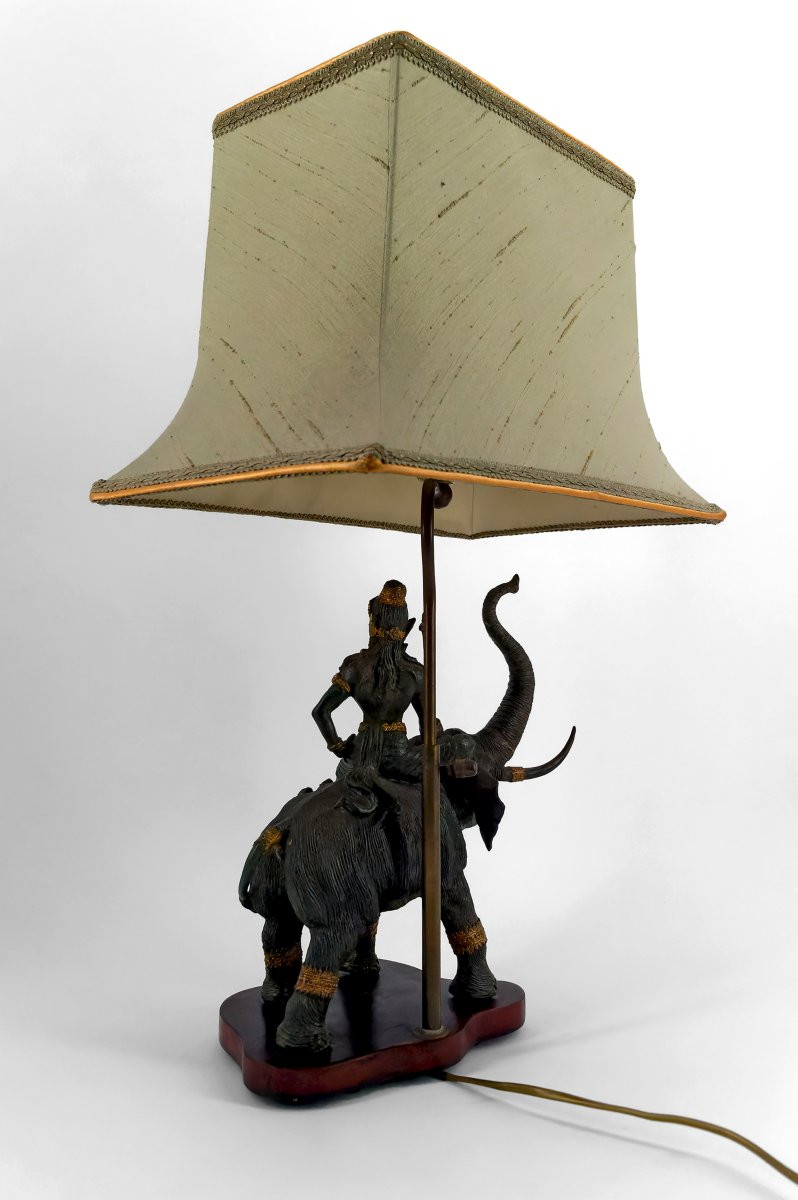 Double Patina Bronze Sculptural Lamp Depicting Indra On Airavata, Thailand, 20th Century-photo-4