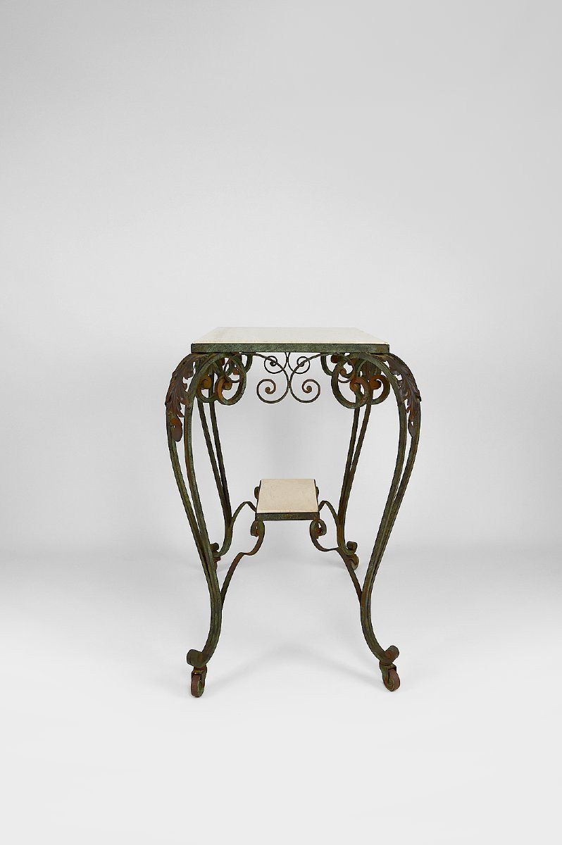 Desserte Roulante Art Déco En Fer Forgé Et Travertin, France, 1940s-photo-2