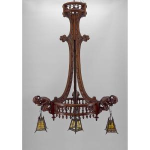 Neo Gothic Chandelier Carved With Jesters And Lanterns, France, Circa 1900