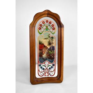 Art Nouveau Mirror With Bucolic Painted Scene, Circa 1900