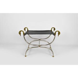 Curule / tabouret à Têtes De Cygnes Néoclassique, Circa 1960