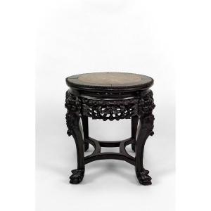 Sellette/ Table d'Appoint Asiatique Sculptée De Démons, Plateau En Marbre, Indochine, Vers 1880