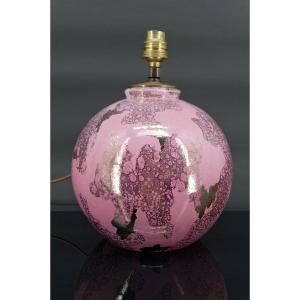 Lampe Boule En Céramique Rose Et Nacrée Par Marguerite Briansau, Art Deco, France, Circa 1930