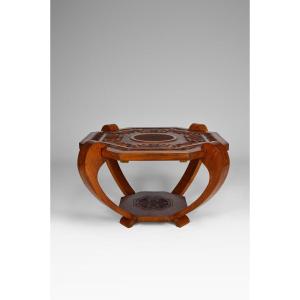 Table Basse / Guéridon, Bois Exotique Massif Sculpté, Art Déco Colonial, Vers 1930