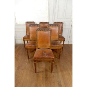 Lot De 6 Chaises Art Déco En Noyer Sculpté, Attribuées à Gauthier-Poinsignon, Circa 1920