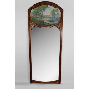 Important Miroir Trumeau En Noyer Sculpté, Art Nouveau, France, Circa 1900