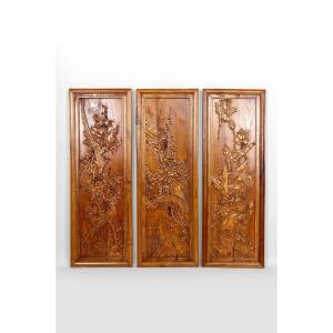 3 Carved Wooden Panels, Floral And Animal Decorations, Indochina / Vietnam, Early 20th Century