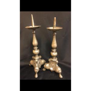 Pair Of Candlesticks 17th Pewter