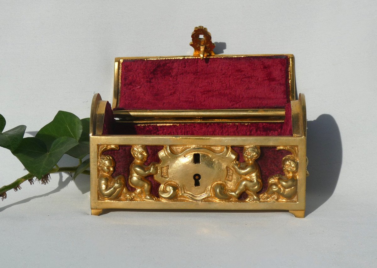 Coffret à Bijoux De Mariage époque Napoléon III , Style Neo Renaissance , Bronze Doré XIXe , écrin à Serrure-photo-4