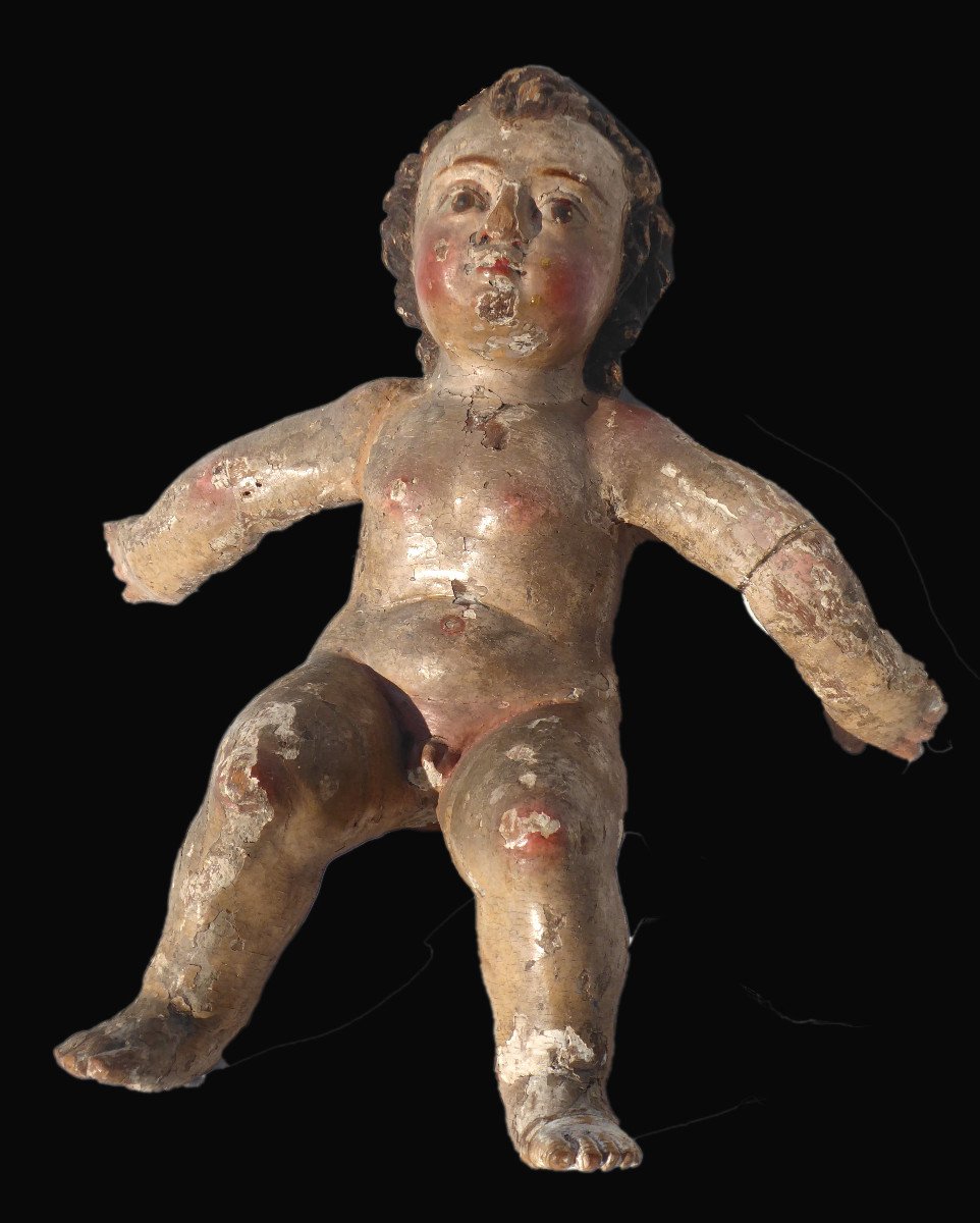 Santon De Creche, Polychrome Wood Eighteenth Century Putto Religious Sculpture, Child Jesus Angel-photo-4