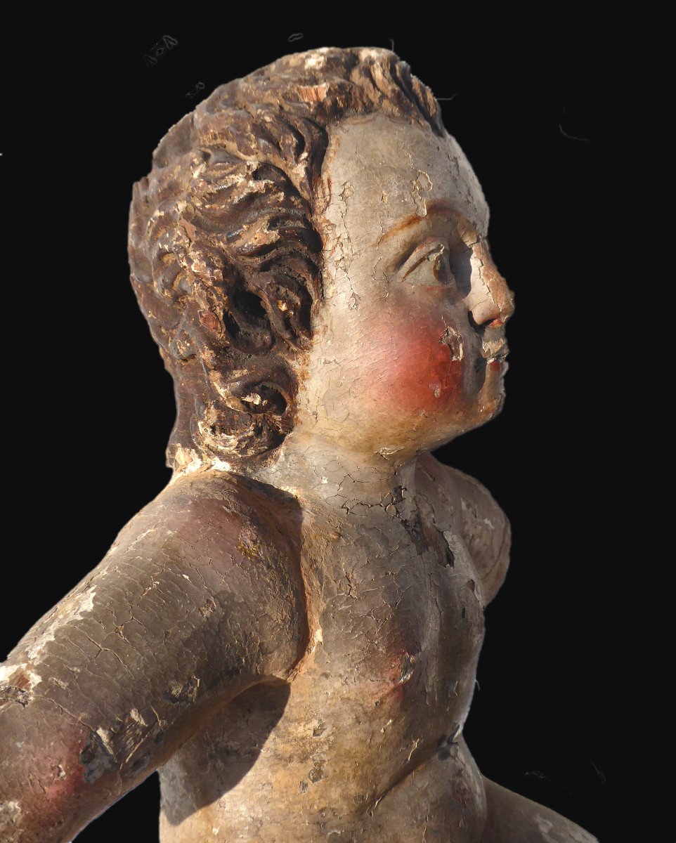 Santon De Creche , Bois Polychrome XVIIIe Siecle Putto Sculpture Religieuse , Enfant Jesus Ange-photo-1