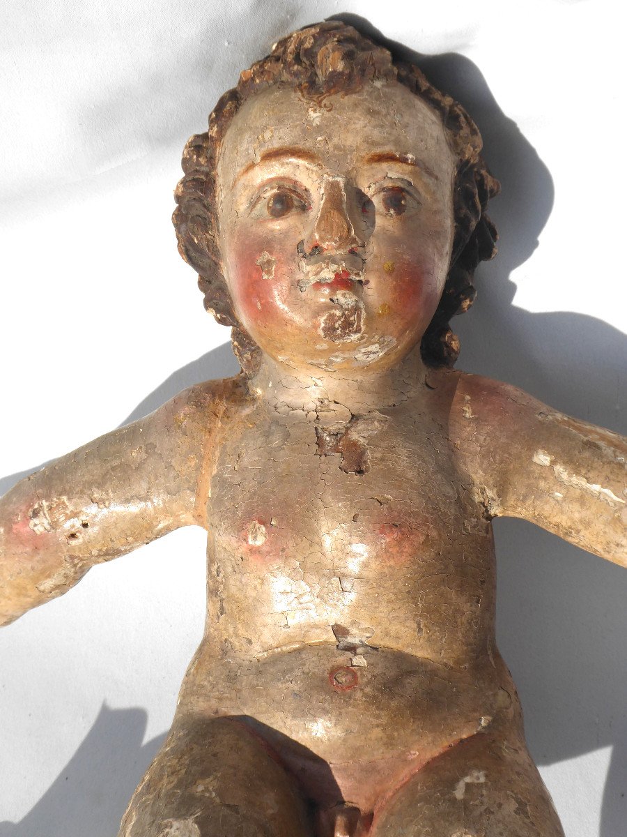 Santon De Creche , Bois Polychrome XVIIIe Siecle Putto Sculpture Religieuse , Enfant Jesus Ange-photo-6
