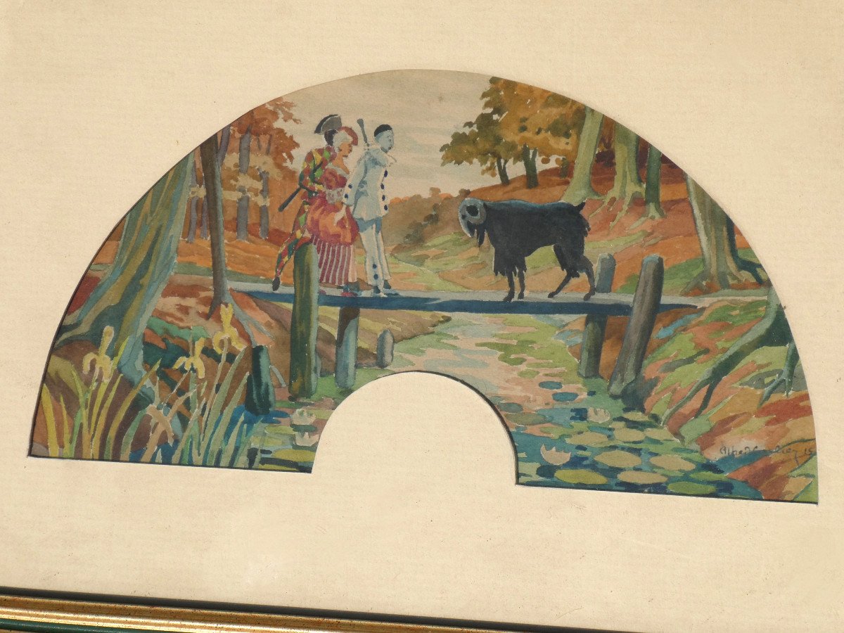 Serie De 5 Projets d'éventail , Peinture Aqurelle Signée Max Carlier 1911 , La Vie Amoureuse De Pierrot Comedia Del Arte -photo-2