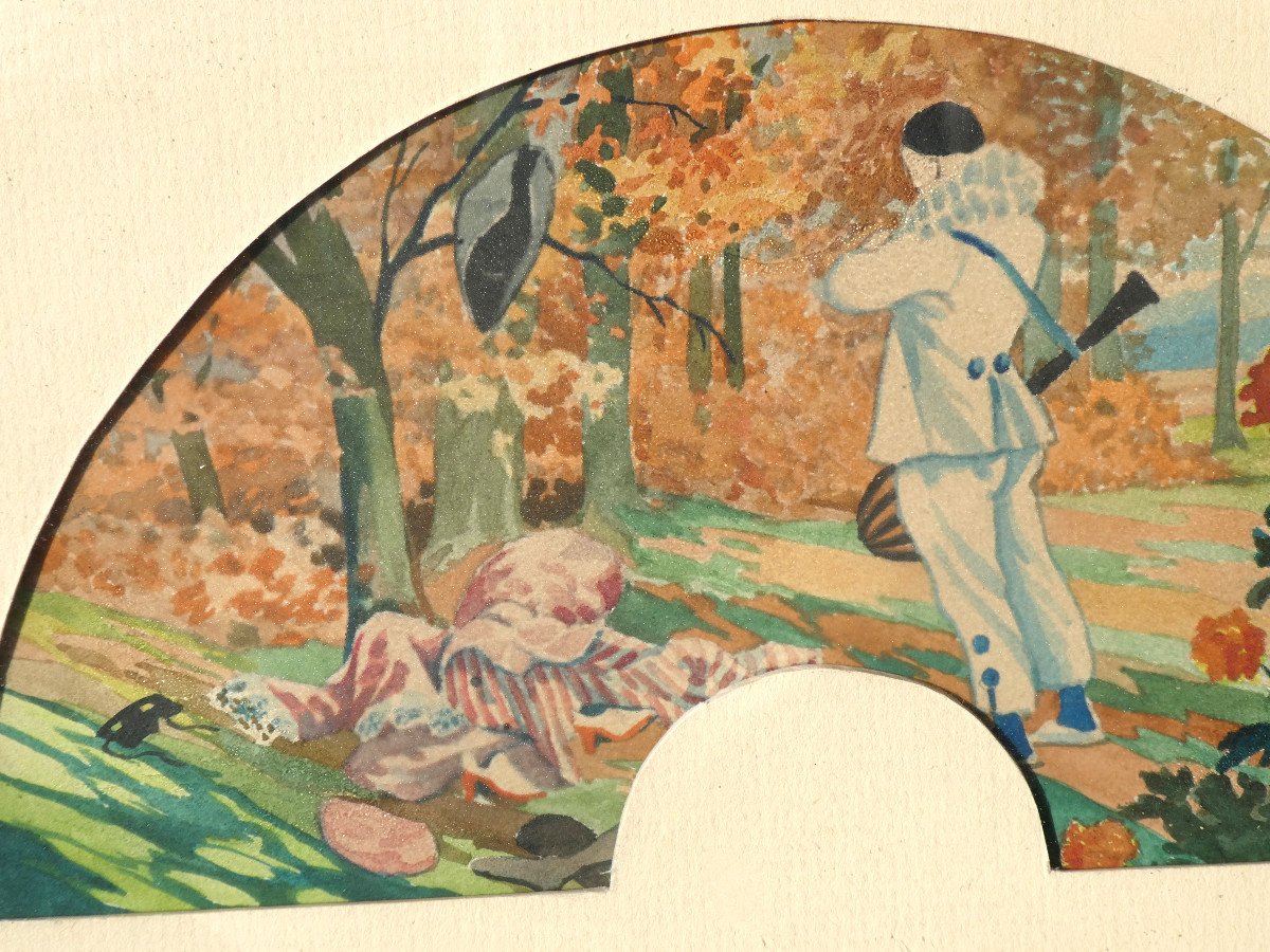 Serie De 5 Projets d'éventail , Peinture Aqurelle Signée Max Carlier 1911 , La Vie Amoureuse De Pierrot Comedia Del Arte -photo-3