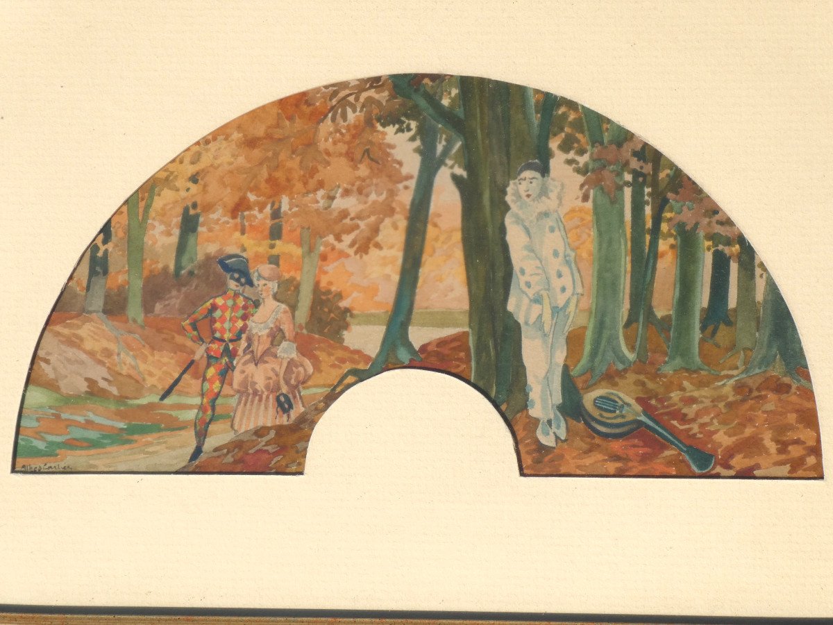 Serie De 5 Projets d'éventail , Peinture Aqurelle Signée Max Carlier 1911 , La Vie Amoureuse De Pierrot Comedia Del Arte -photo-5