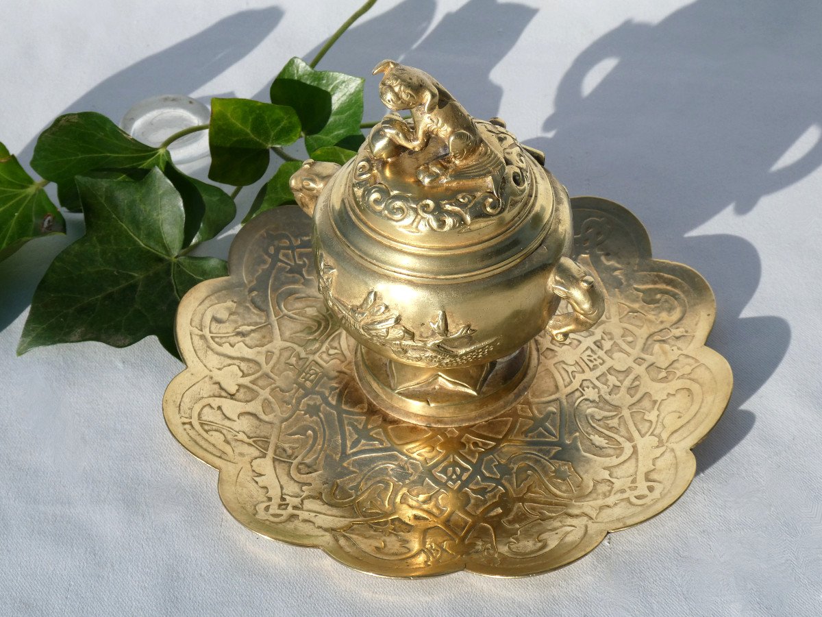 Inkwell In Gilt Bronze Napoleon III, Signed Alphonse Giroux, Nineteenth Japanese Decor-photo-2